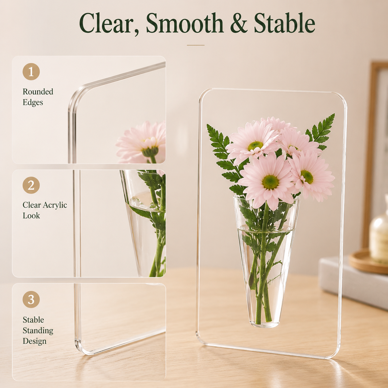 Acrylic Photo Frame Vase for Fresh Flowers – Water-Holding Tabletop Flower Vase