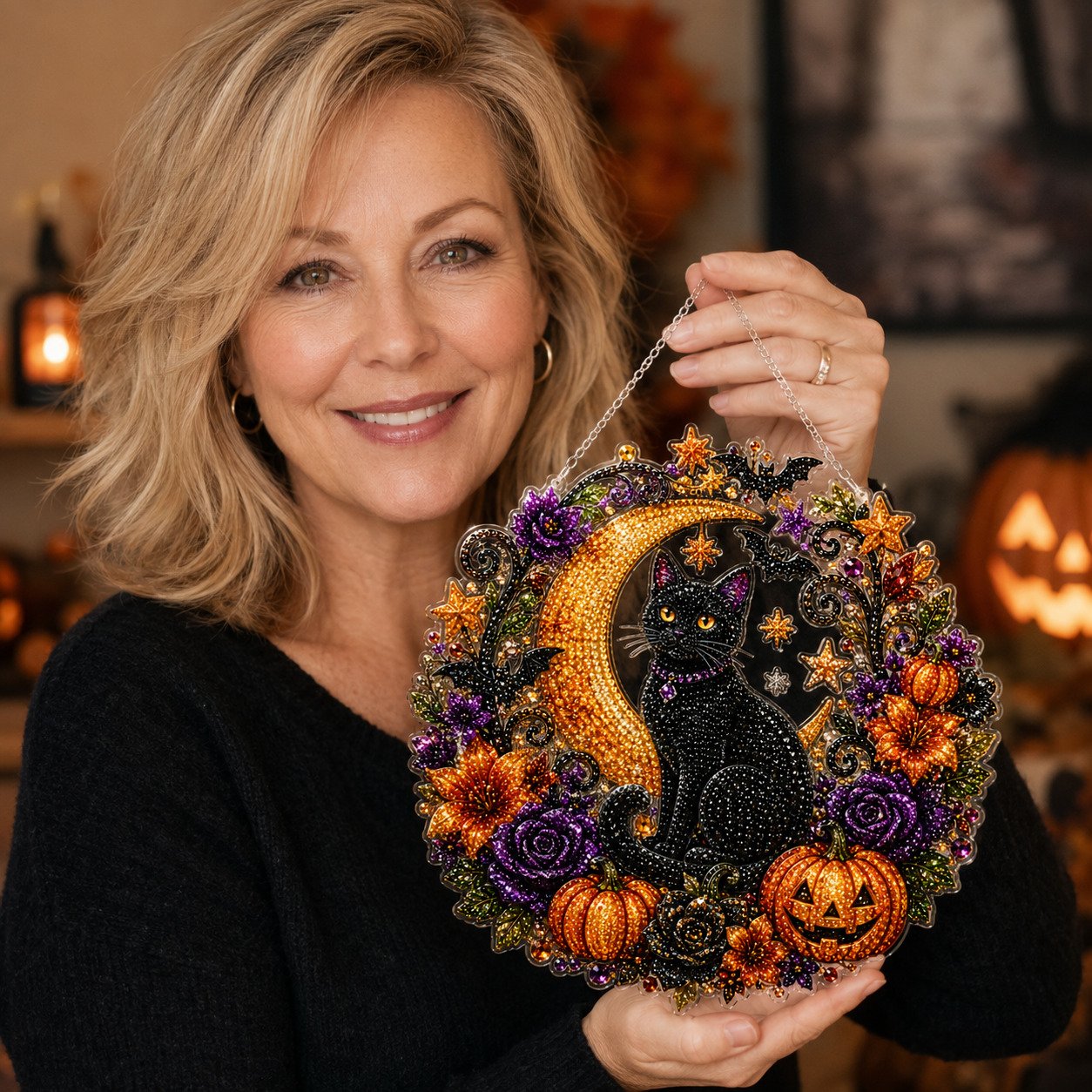 🎃Halloween Black Cat and Moon Diamond Painting Wall Hanging Set